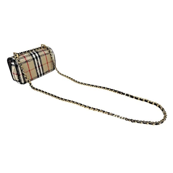 Auth BURBERRY Chain Shoulder Bag Beige/Black/Gold Canvas/Metal - z4021 - Picture 10 of 12